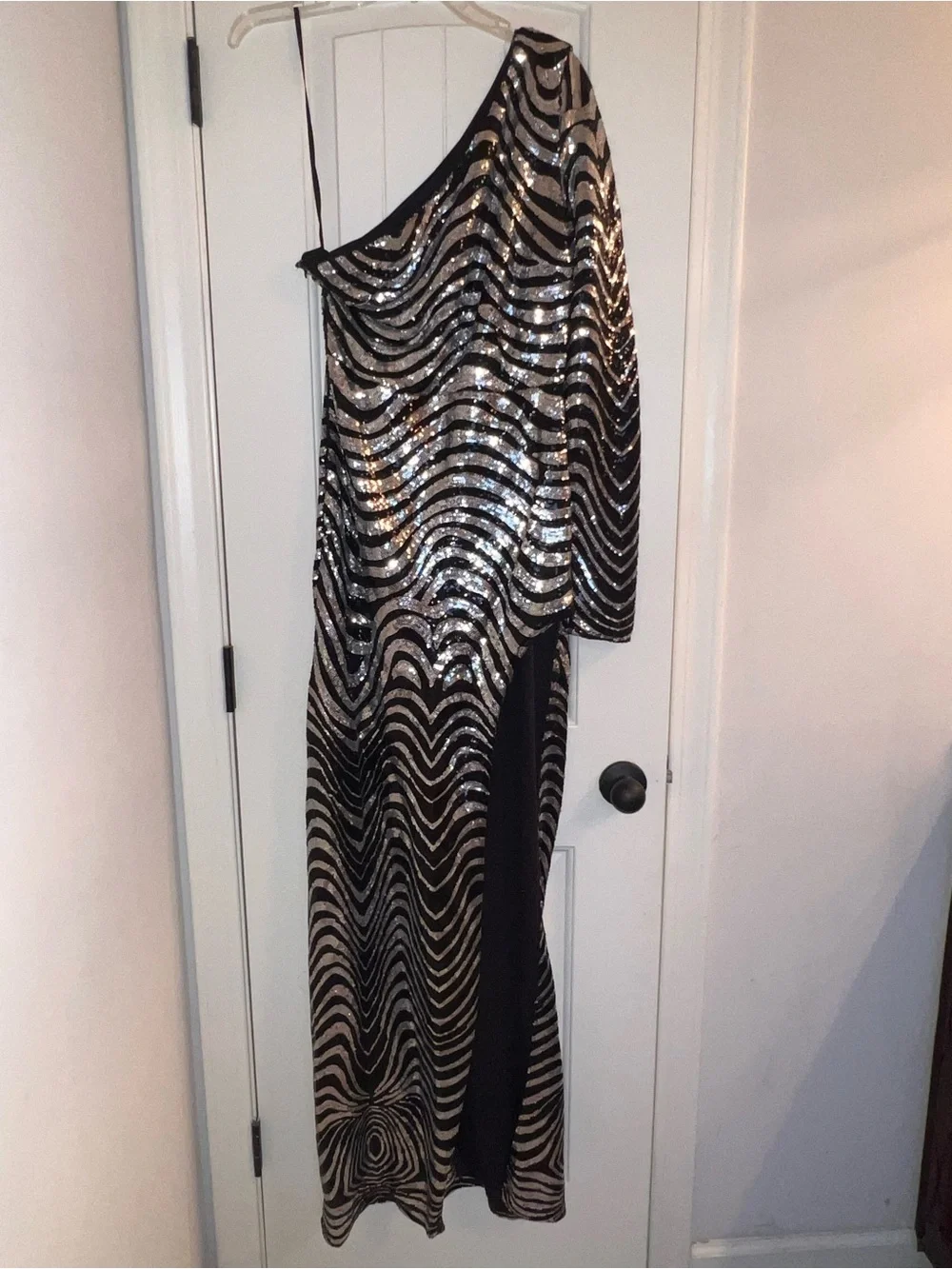 Fashion Nova One-Shoulder Zebra Black and Silver Sequin Evening Dress High Split